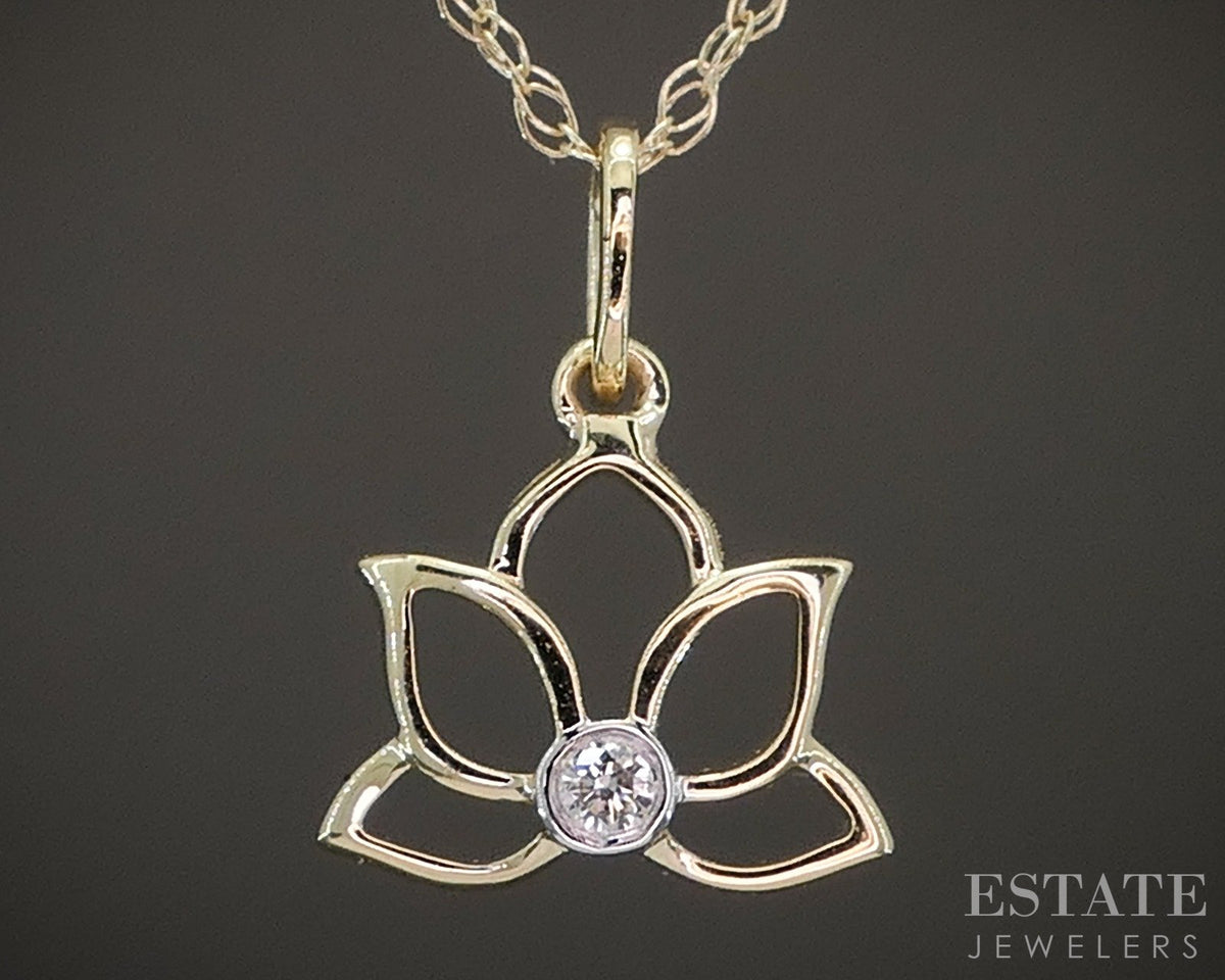 10k Yellow Gold Lab Diamond Lotus Flower Dainty Pendant Necklace p22452