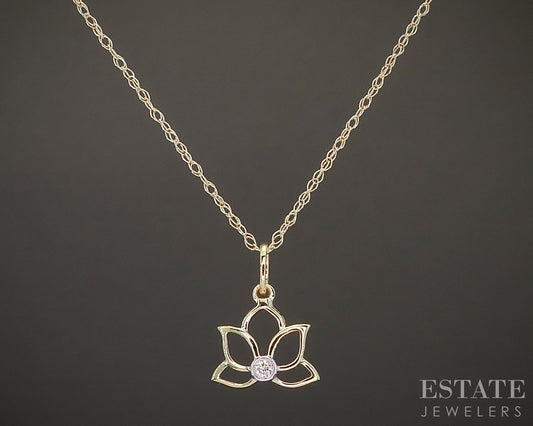 10k Yellow Gold Lab Diamond Lotus Flower Dainty Pendant Necklace p22452