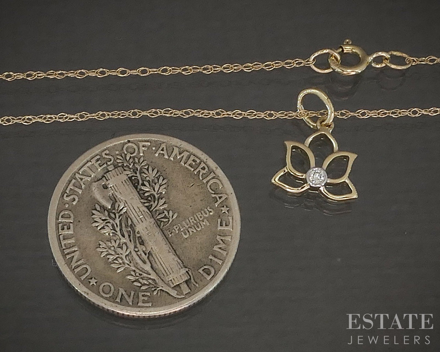 10k Yellow Gold Lab Diamond Lotus Flower Dainty Pendant Necklace p22452