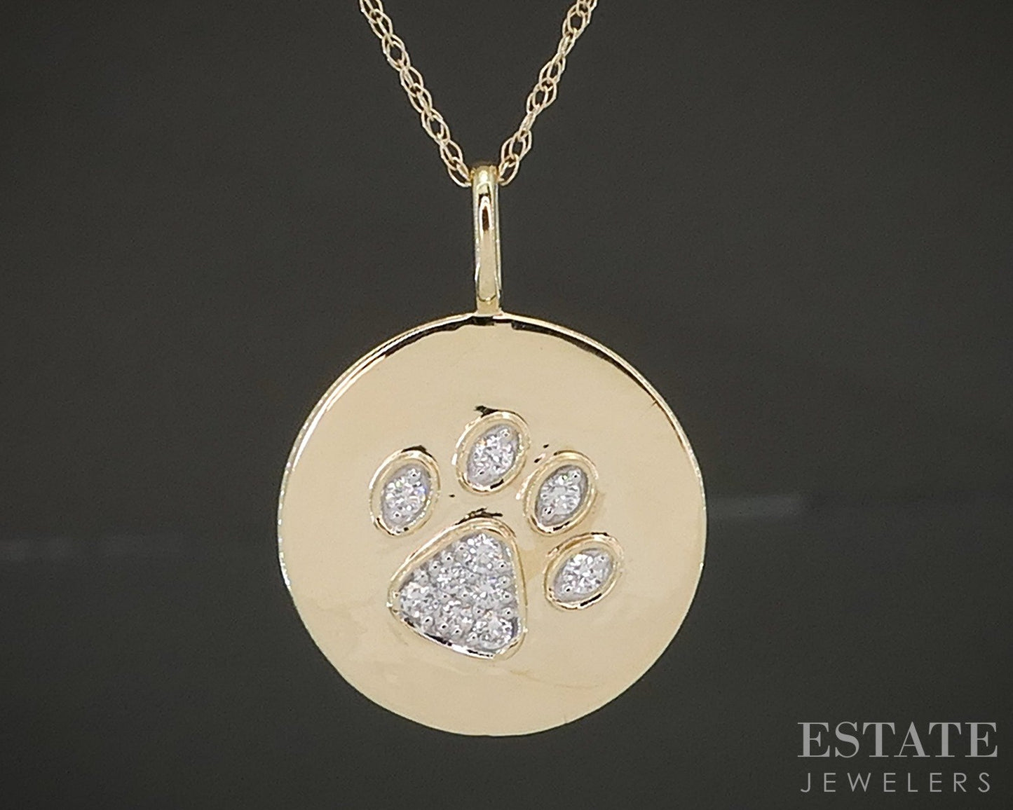 10k Yellow Gold Lab Diamond Dog Pet Paw Print Pendant Necklace p22449