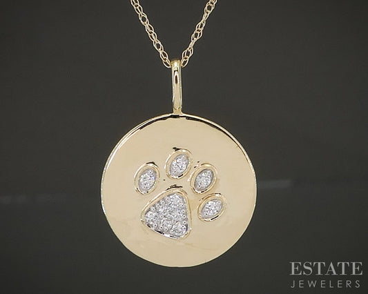 10k Yellow Gold Lab Diamond Dog Pet Paw Print Pendant Necklace p22449