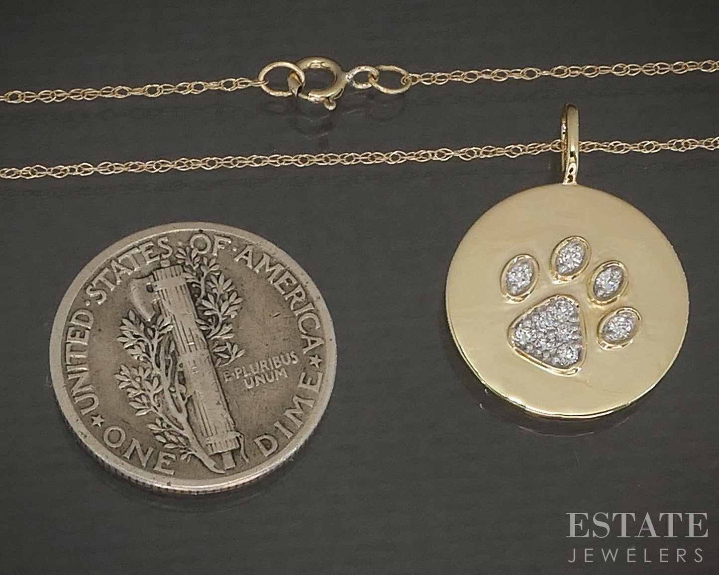 10k Yellow Gold Lab Diamond Dog Pet Paw Print Pendant Necklace p22449