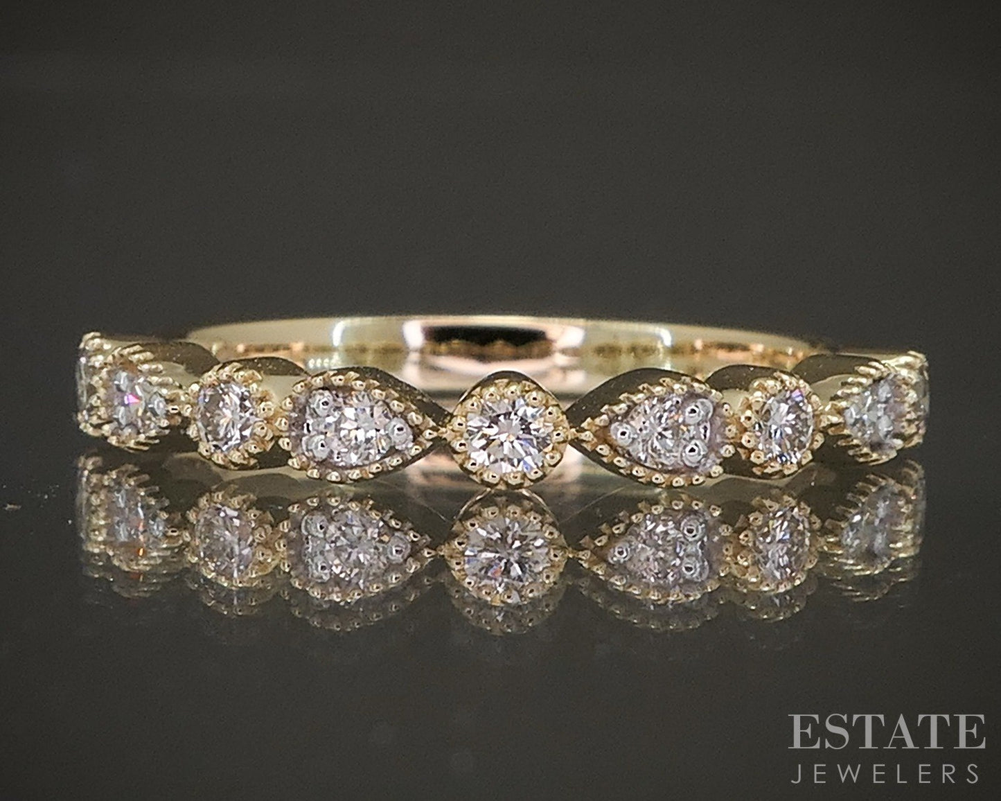 14k Yellow Gold Stackable Millgrain Natural Diamond Band Ring p22561