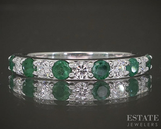 10k White Gold Emerald & Lab Diamond Band Ring p22528