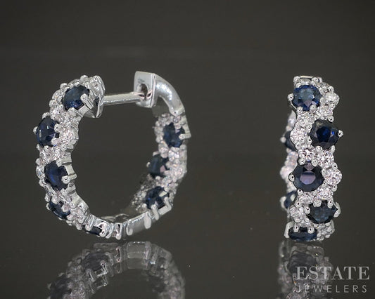 10k White Gold Blue Sapphire & Lab Diamond Huggie Hoop Earrings p22463
