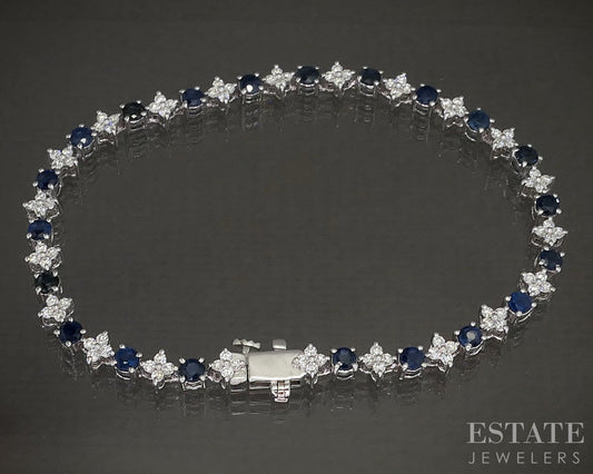 10k White Gold Blue Sapphire & Lab Diamond Tennis Bracelet p22454