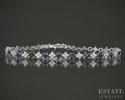 10k White Gold Blue Sapphire & Lab Diamond Tennis Bracelet p22454