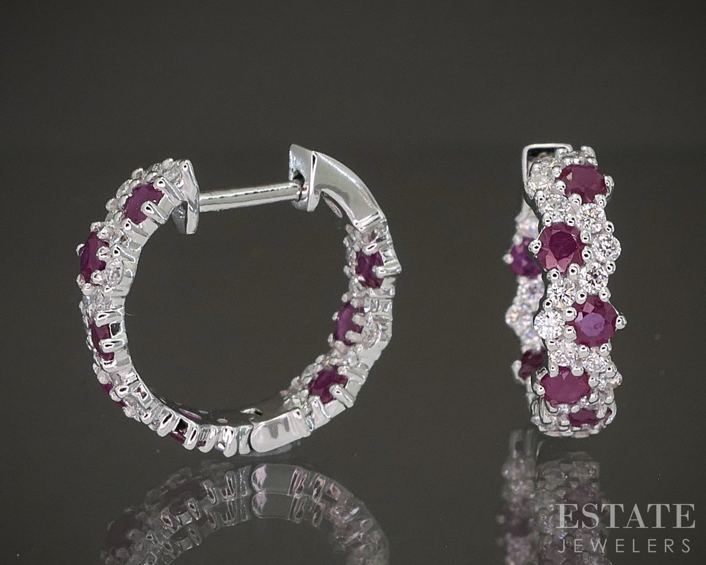 10k White Gold Ruby & Lab Diamond Inside Out Hoop Earrings p22462