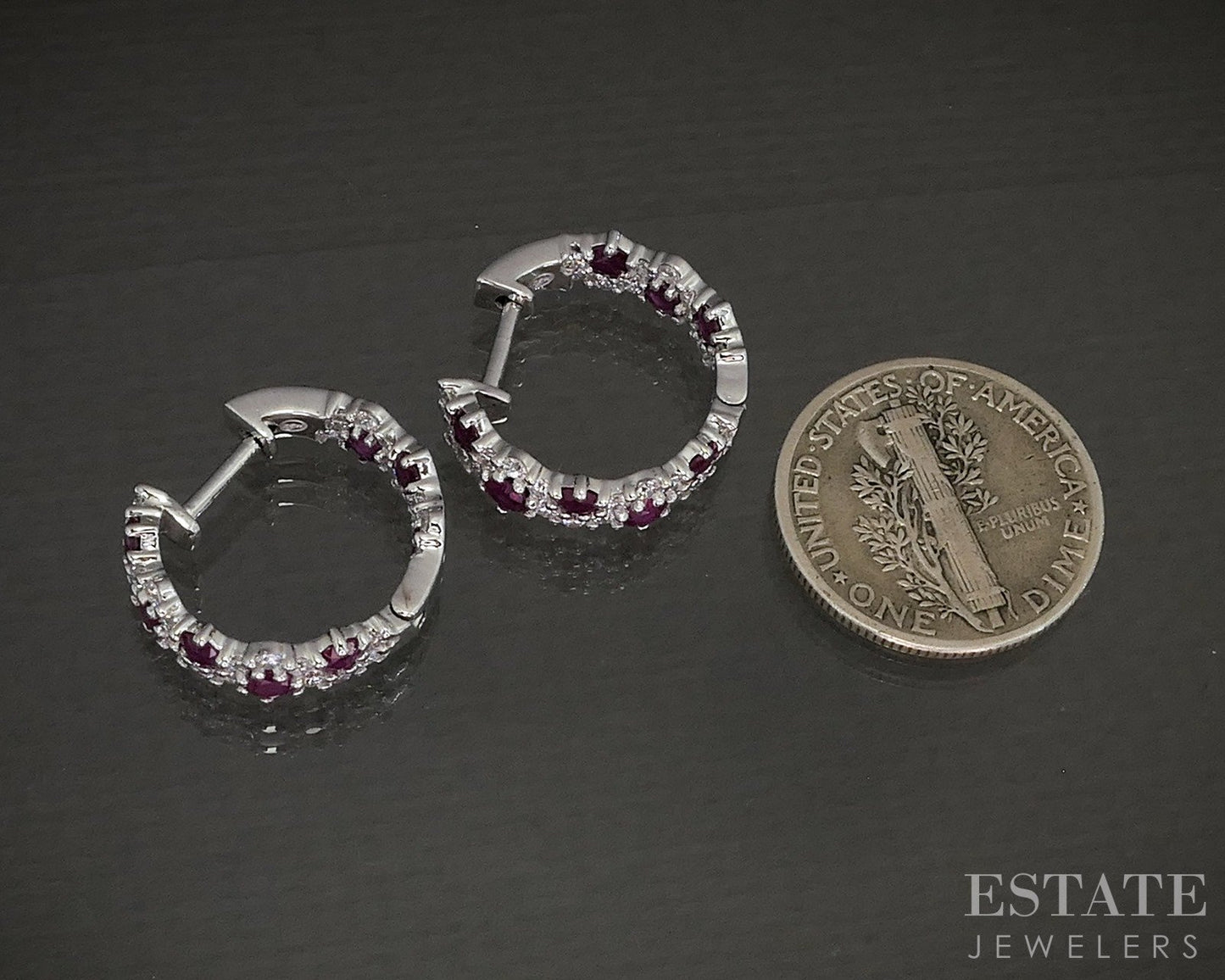 10k White Gold Ruby & Lab Diamond Inside Out Hoop Earrings p22462