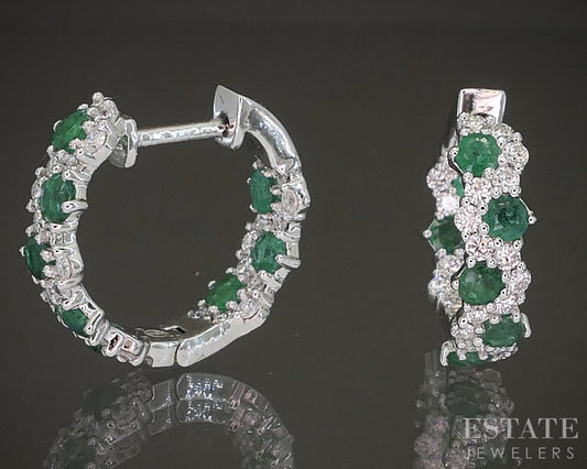 10k White Gold Emerald & Lab Diamond Inside Out Hoop Earrings p22461