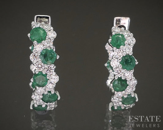10k White Gold Emerald & Lab Diamond Inside Out Hoop Earrings p22461