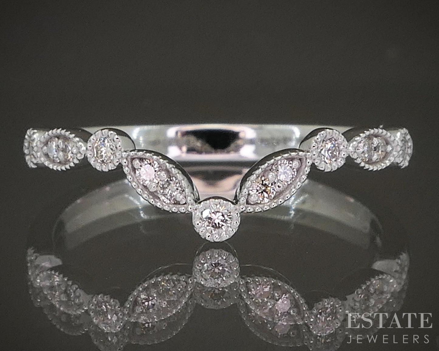 14k White Gold .12ctw Natural Diamond Curved Milgrain Band p22549