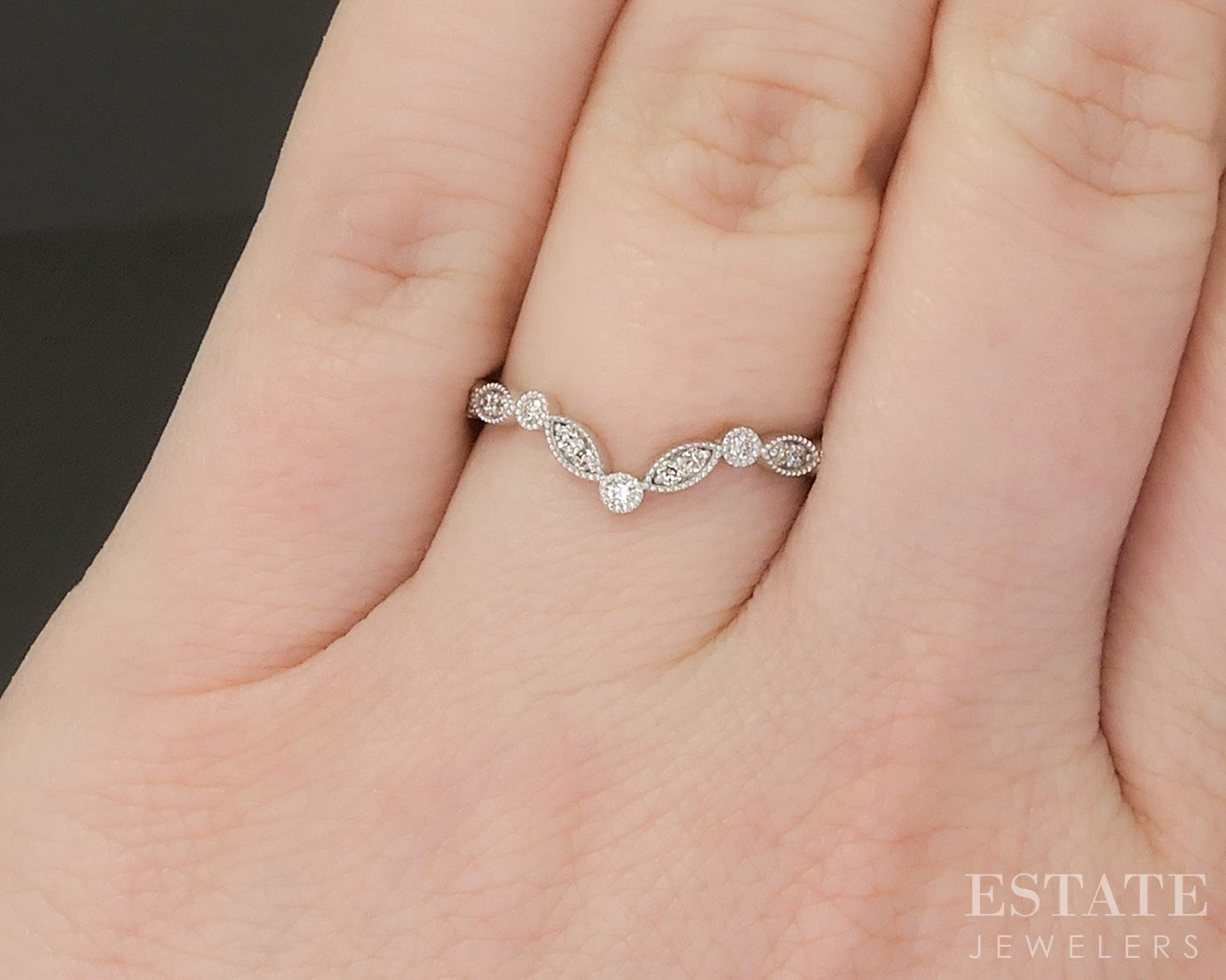 14k White Gold .12ctw Natural Diamond Curved Milgrain Band p22549