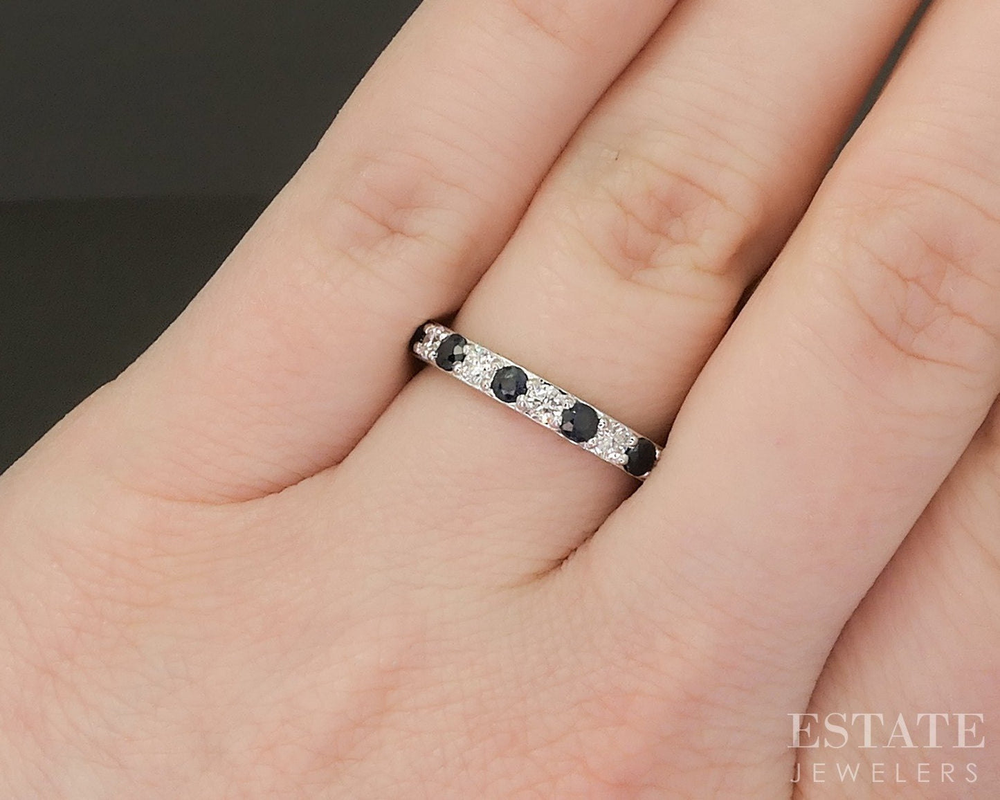 10k White Gold Natural Blue Sapphire & Lab Diamond Band Ring p22535