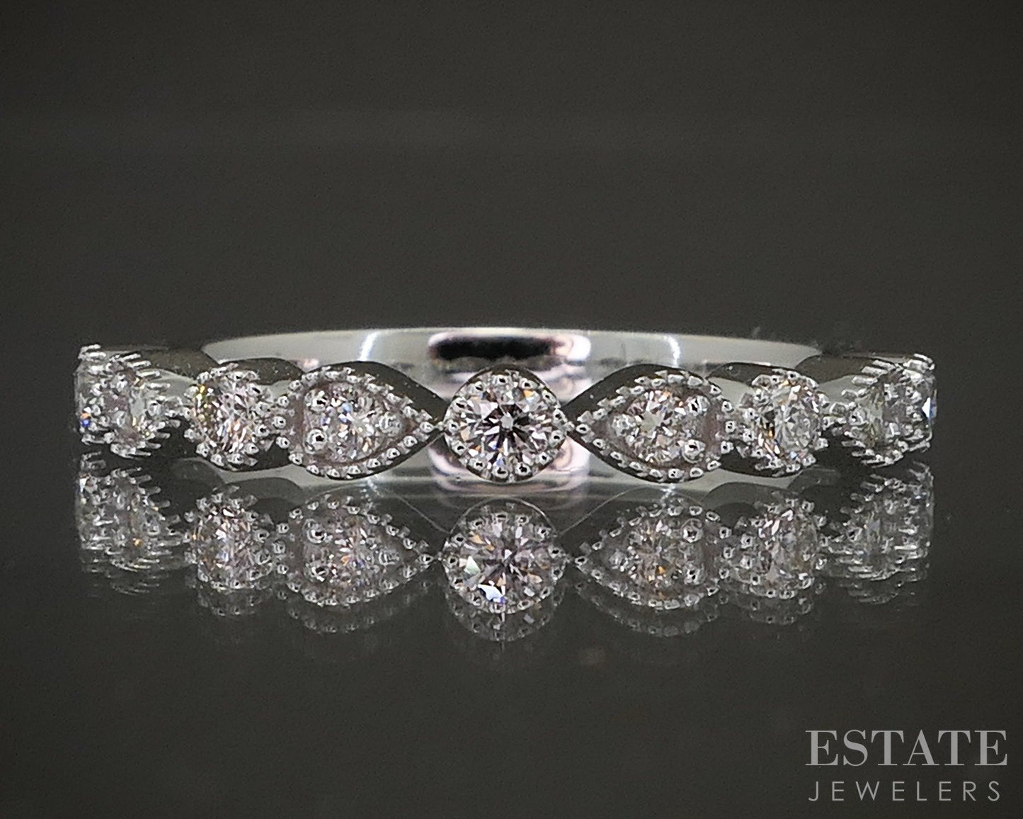 14k White Gold Stackable Millgrain Natural Diamond Band Ring p22562