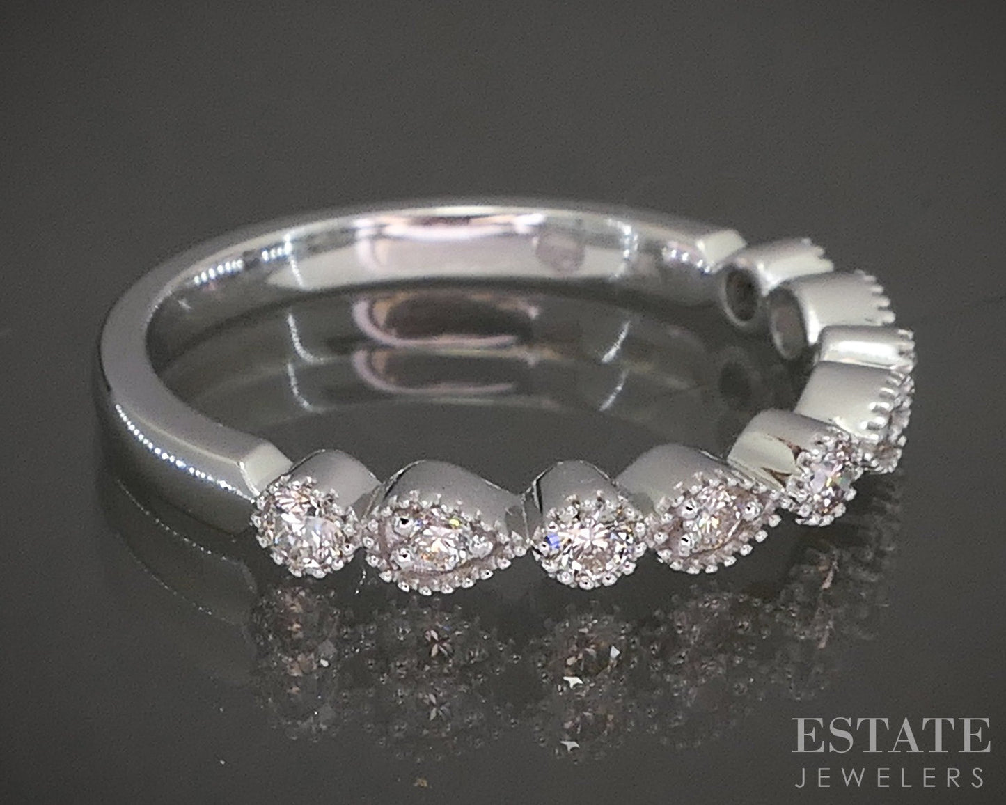 14k White Gold Stackable Millgrain Natural Diamond Band Ring p22562