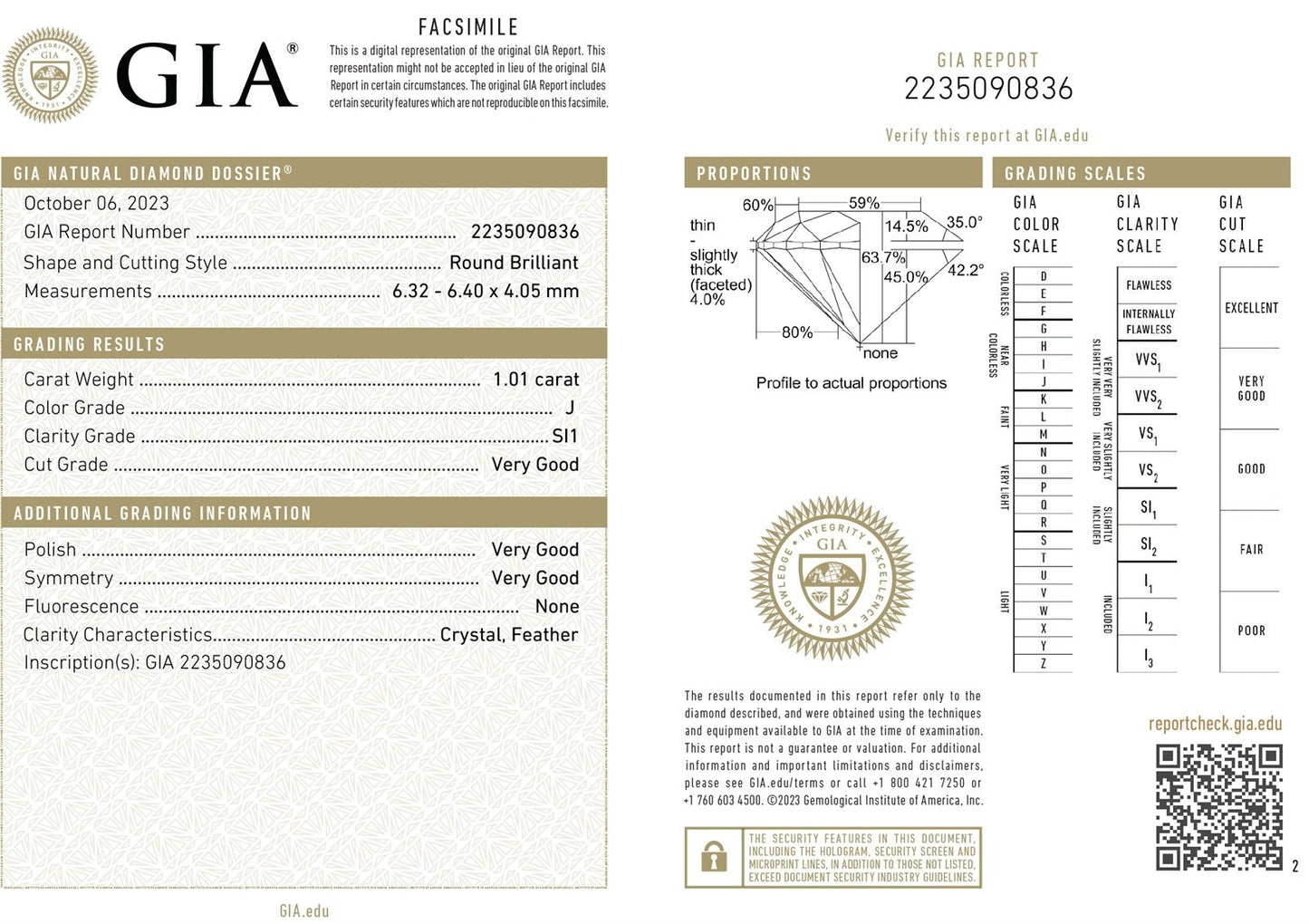 Loose 1.01ct Round Cut GIA Certified Natural Diamond SI1/J p20892