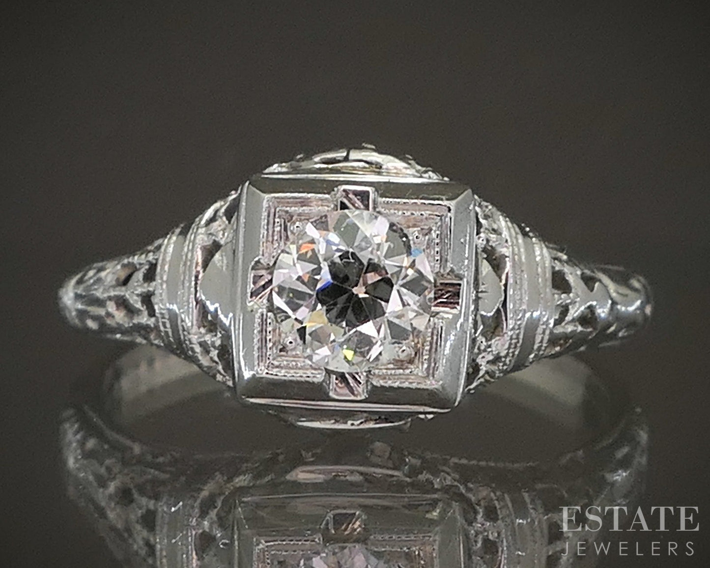 Antique 14k White Gold OEC Natural .28ct Diamond Filigree Solitaire Ring p19370