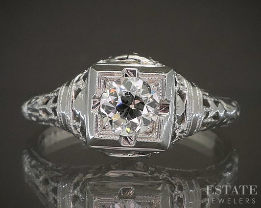 Antique 14k White Gold OEC Natural .28ct Diamond Filigree Solitaire Ring p19370