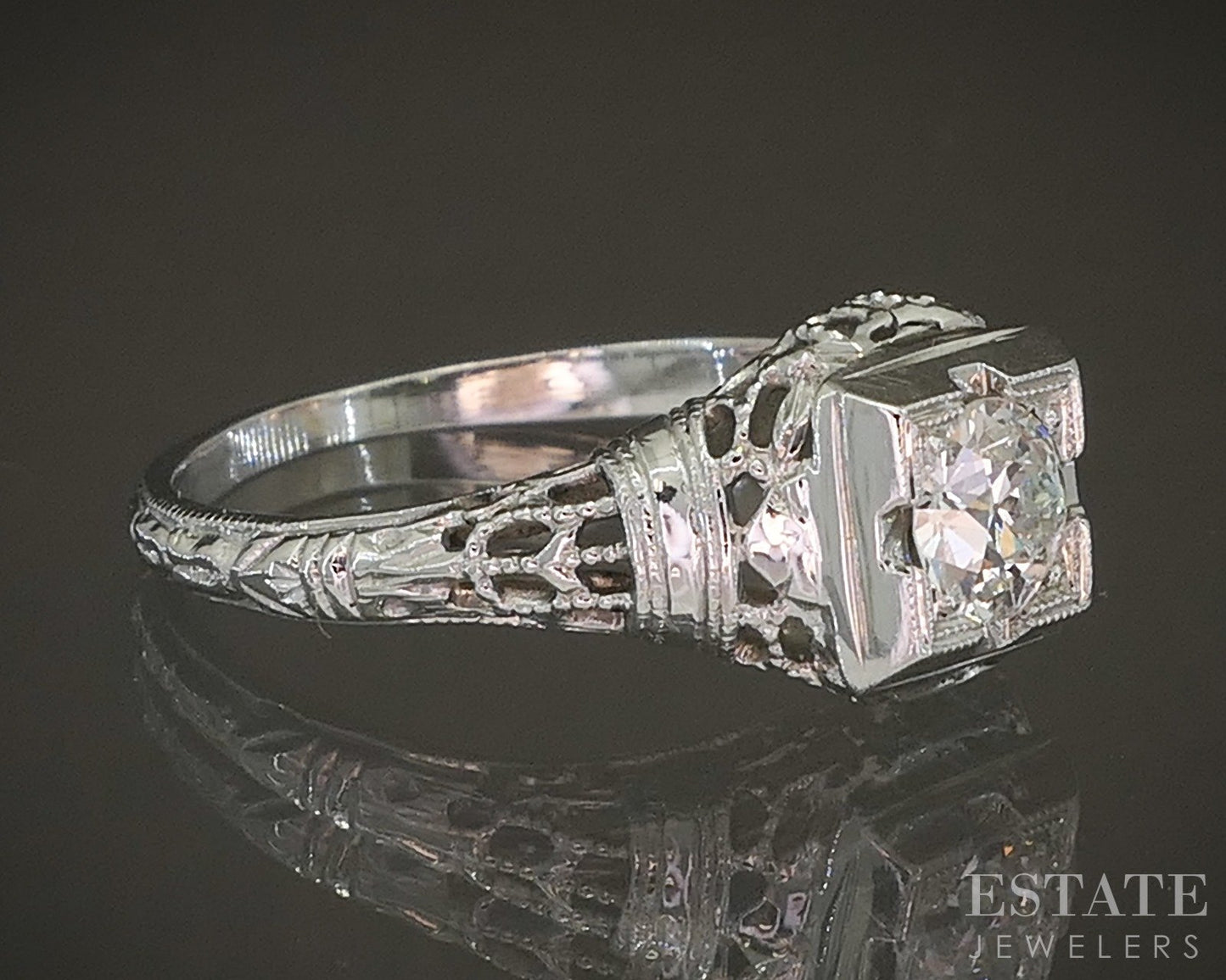 Antique 14k White Gold OEC Natural .28ct Diamond Filigree Solitaire Ring p19370