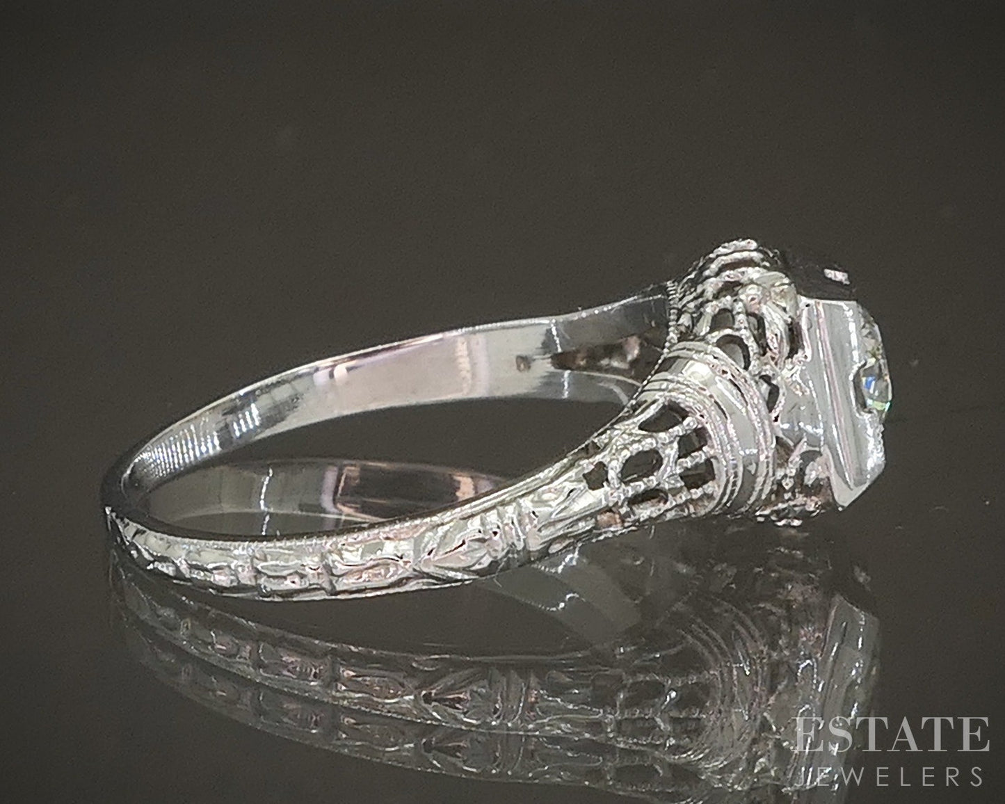 Antique 14k White Gold OEC Natural .28ct Diamond Filigree Solitaire Ring p19370