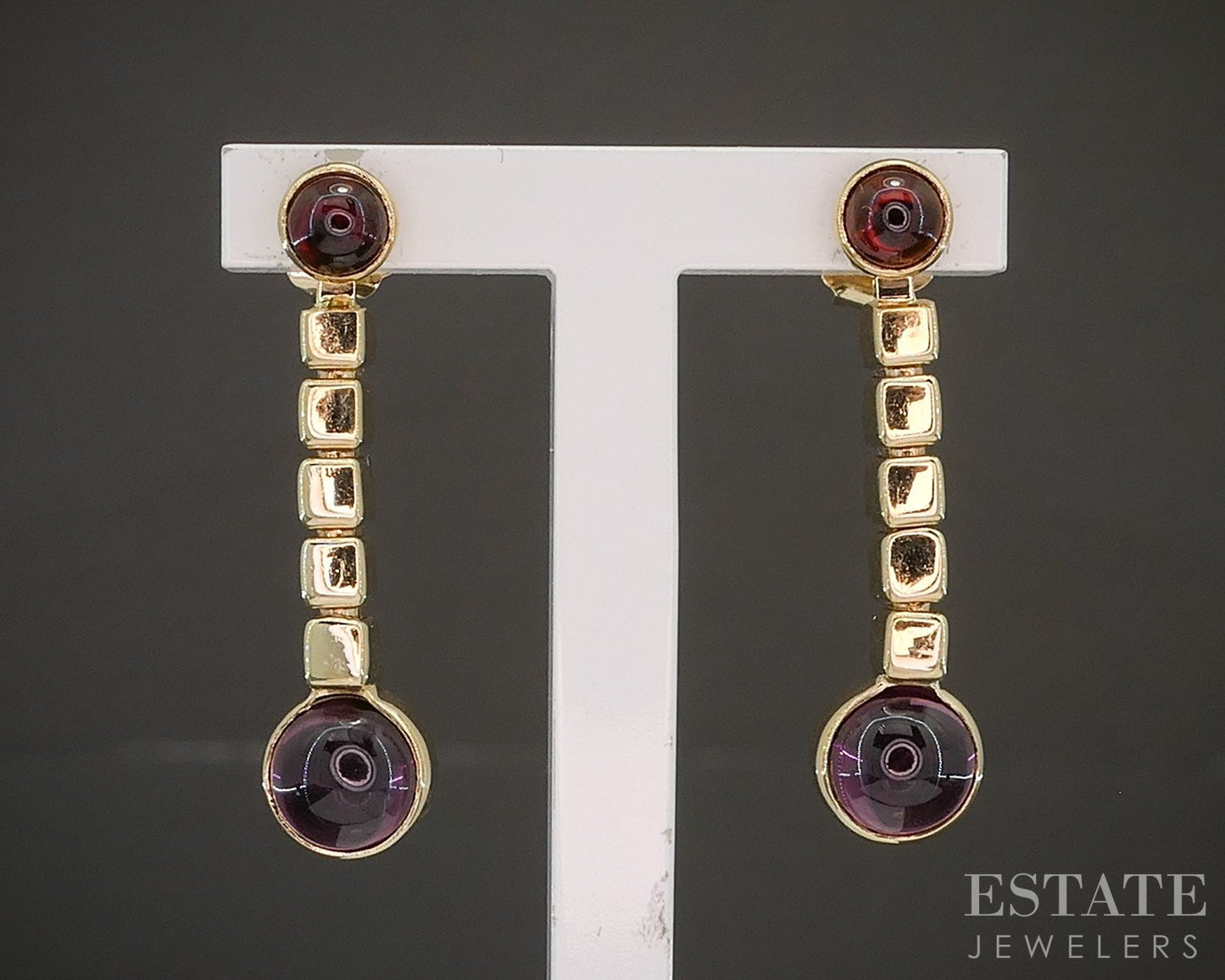 14k Yellow Gold Cabochon Natural Garnet Dangle Earrings 4g p19354