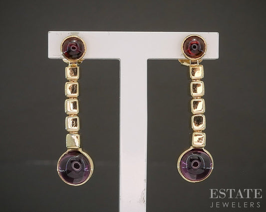 14k Yellow Gold Cabochon Natural Garnet Dangle Earrings 4g p19354