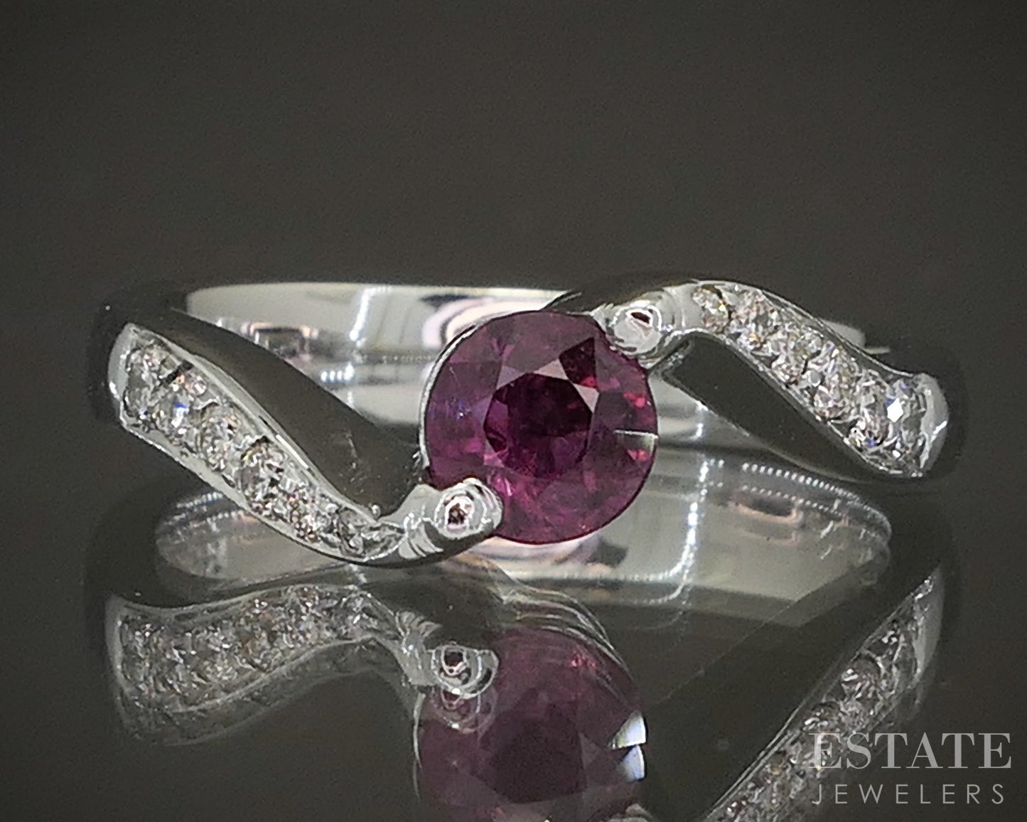 14k White Gold Round Natural Ruby & Diamond Ladies Bypass Ring 5.8g p19290