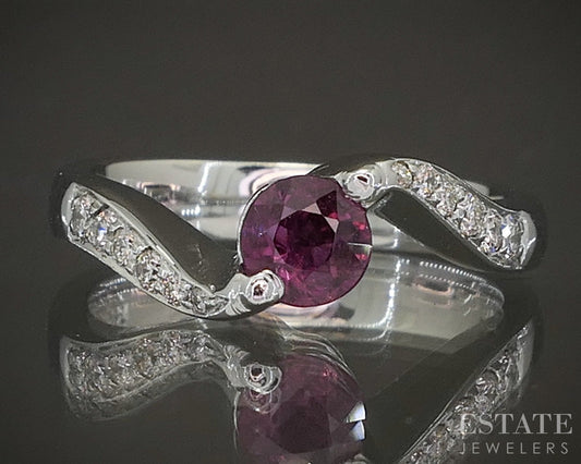 14k White Gold Round Natural Ruby & Diamond Ladies Bypass Ring 5.8g p19290