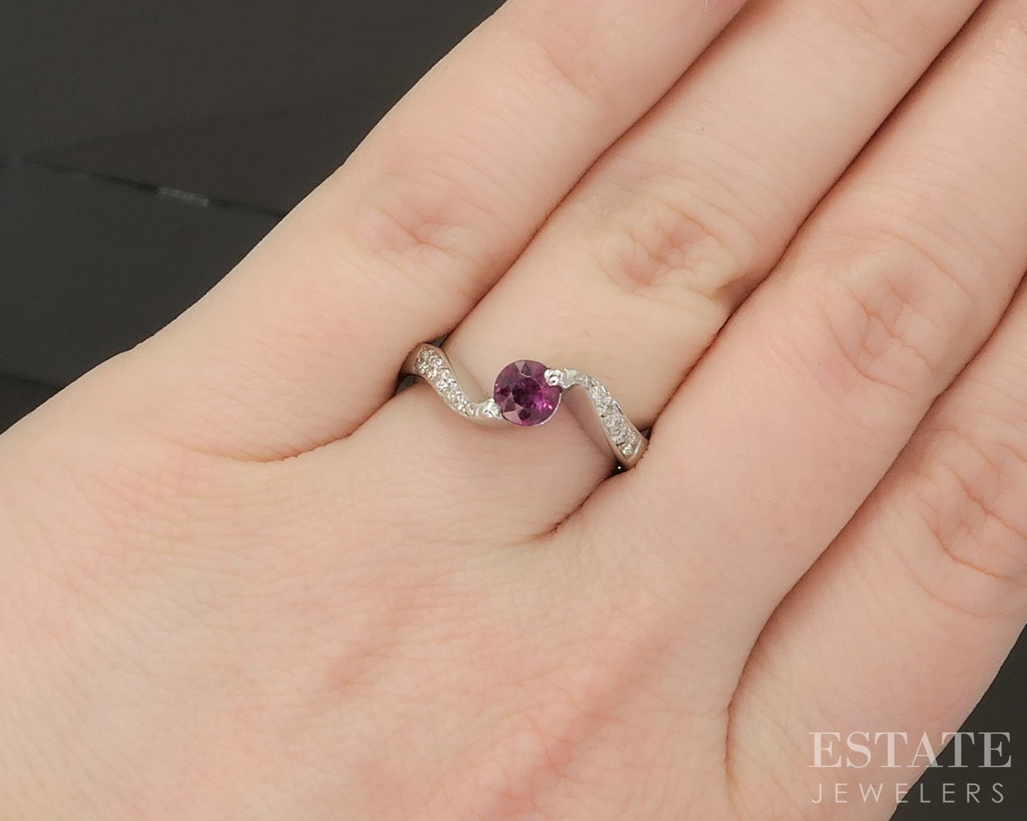 14k White Gold Round Natural Ruby & Diamond Ladies Bypass Ring 5.8g p19290
