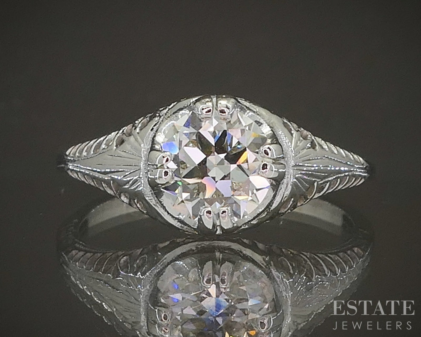 Antique 14k White Gold OEC Natural 1.10ct Diamond Filigree Solitaire Ring p18606