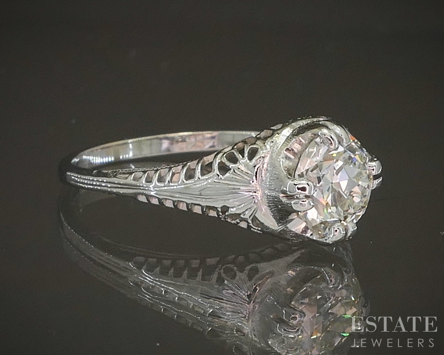 Antique 14k White Gold OEC Natural 1.10ct Diamond Filigree Solitaire Ring p18606