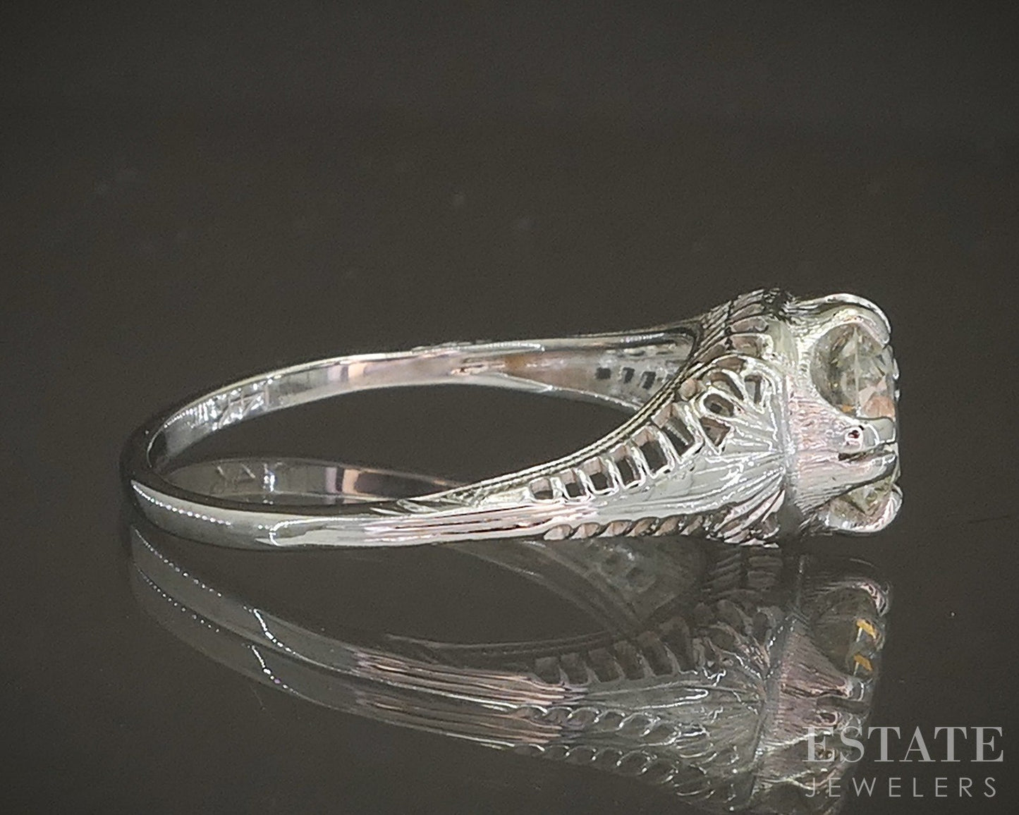 Antique 14k White Gold OEC Natural 1.10ct Diamond Filigree Solitaire Ring p18606