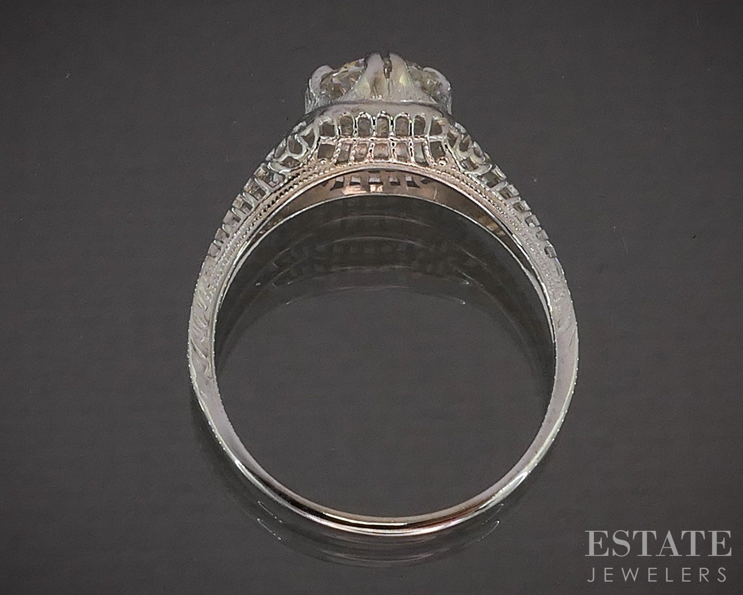 Antique 14k White Gold OEC Natural 1.10ct Diamond Filigree Solitaire Ring p18606