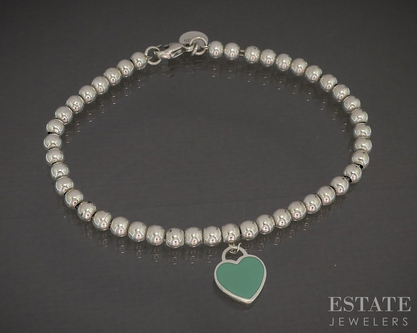Sterling Silver Tiffany & Co. Blue Heart Tag Beaded Bracelet 5.8g 7"L p18958