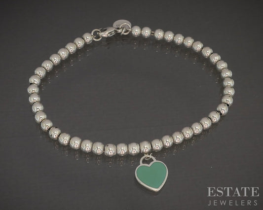 Sterling Silver Tiffany & Co. Blue Heart Tag Beaded Bracelet 5.8g 7"L p18958