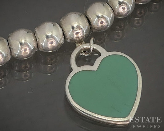 Sterling Silver Tiffany & Co. Blue Heart Tag Beaded Bracelet 5.8g 7"L p18958