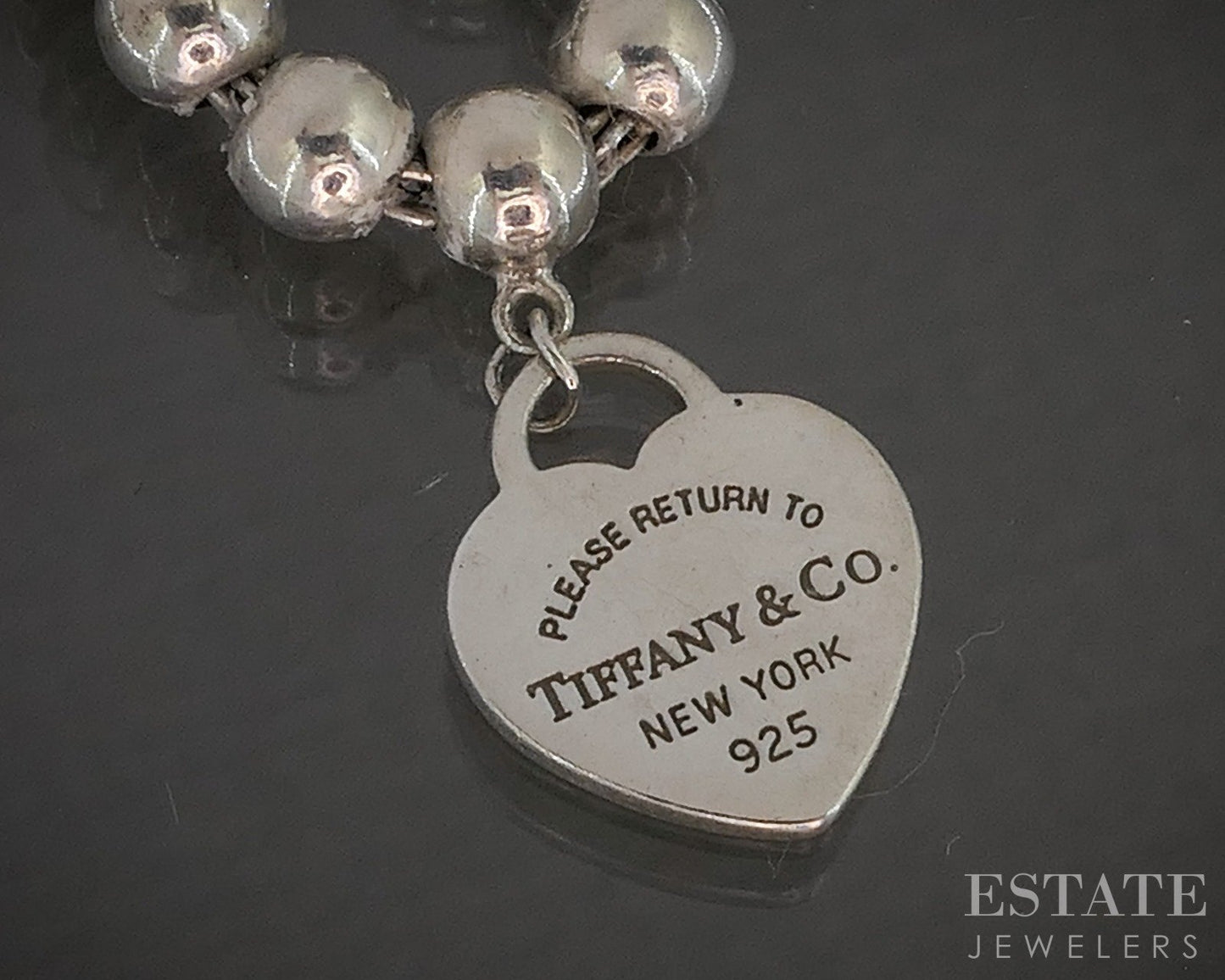Sterling Silver Tiffany & Co. Blue Heart Tag Beaded Bracelet 5.8g 7"L p18958