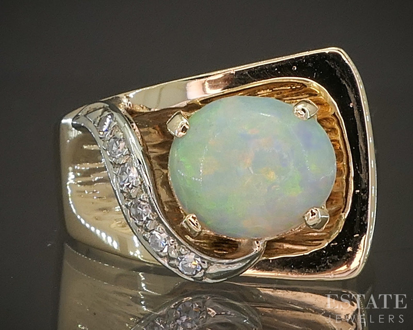Vintage 14k Yellow Gold Oval Natural Opal & Diamond Buckle Ring 7.7g p19740
