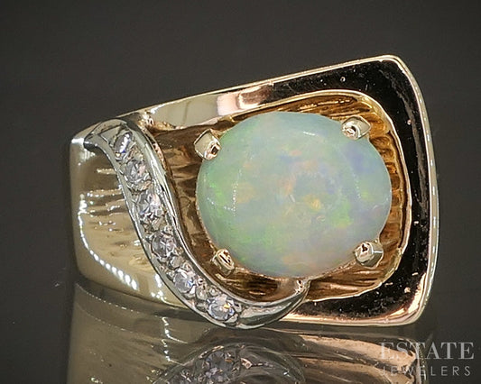 Vintage 14k Yellow Gold Oval Natural Opal & Diamond Buckle Ring 7.7g p19740