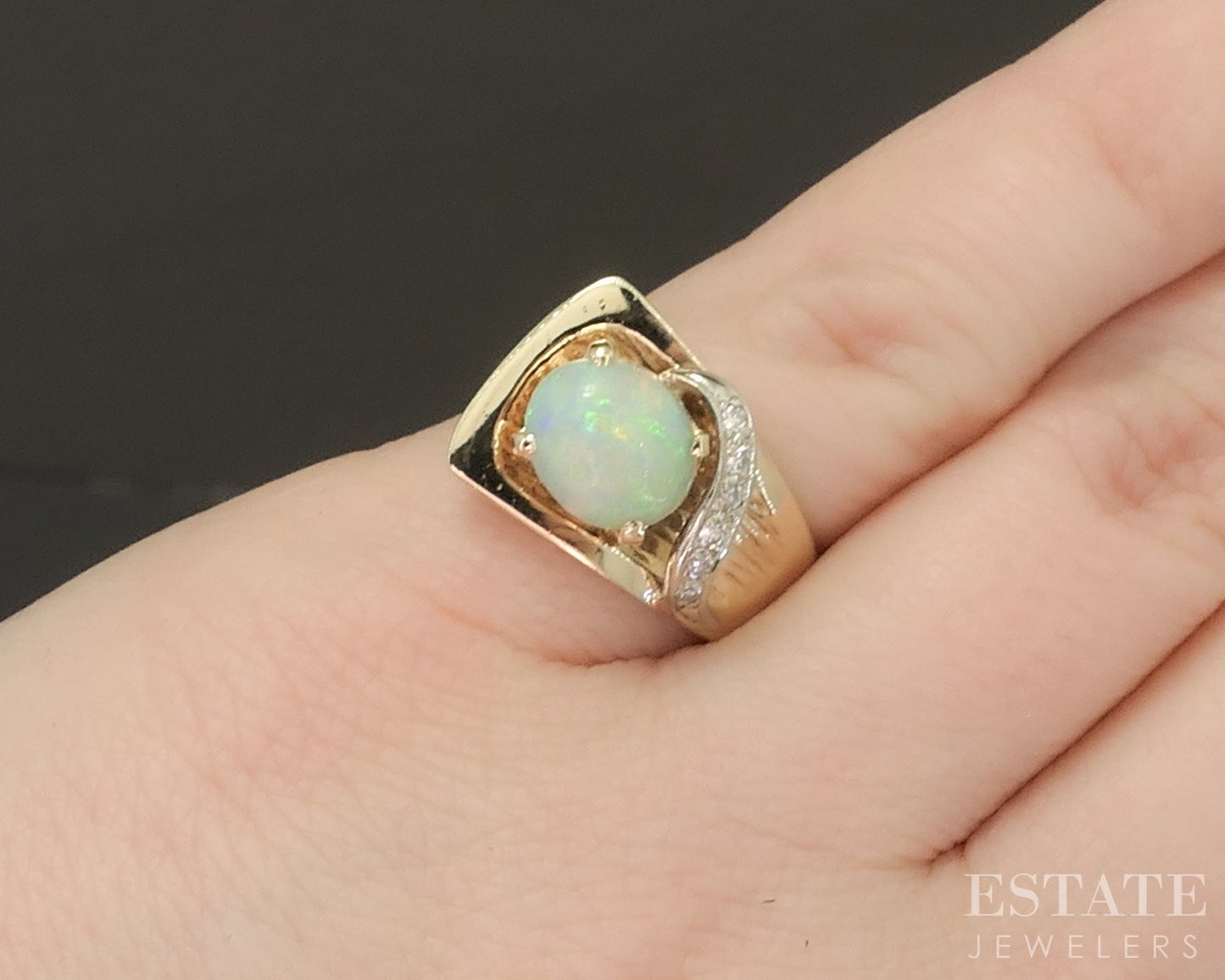 Vintage 14k Yellow Gold Oval Natural Opal & Diamond Buckle Ring 7.7g p19740