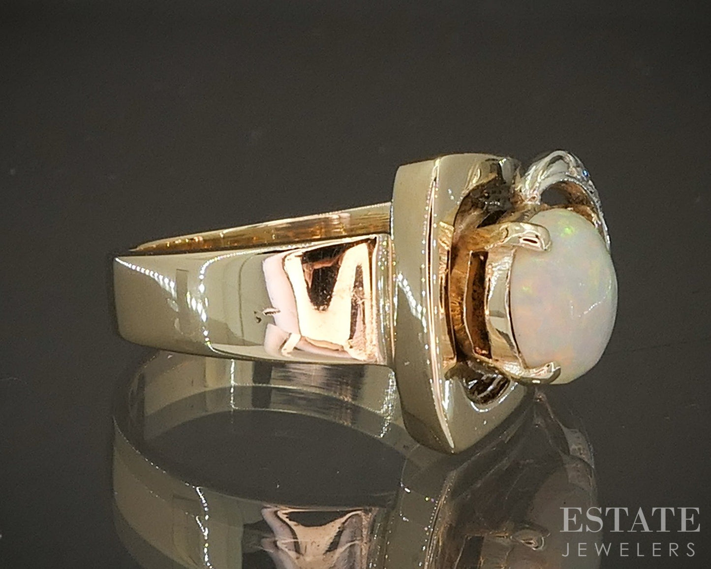 Vintage 14k Yellow Gold Oval Natural Opal & Diamond Buckle Ring 7.7g p19740