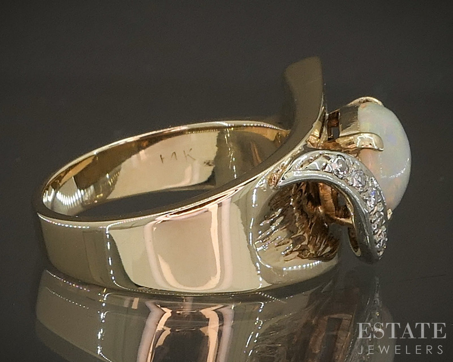 Vintage 14k Yellow Gold Oval Natural Opal & Diamond Buckle Ring 7.7g p19740