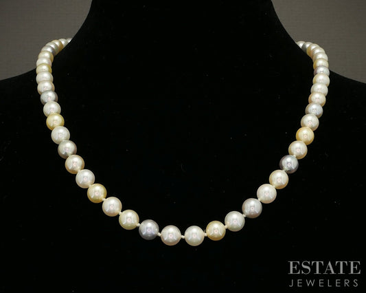 Vintage 14k White Gold 7mm Multi Colored Akoya Pearl Necklace 19"L p19225