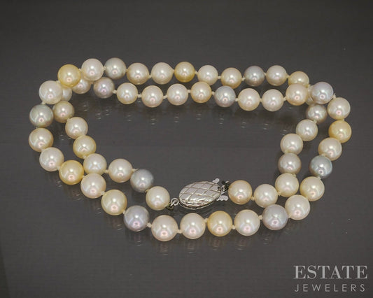 Vintage 14k White Gold 7mm Multi Colored Akoya Pearl Necklace 19"L p19225