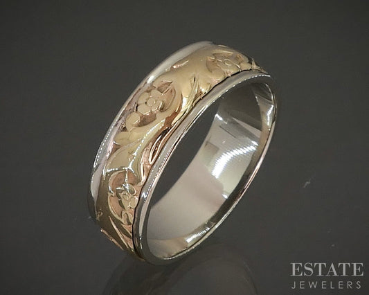 Vintage 14k Two Tone Gold 7mm Scroll Floral Mens Wedding Band 9.4g p18237