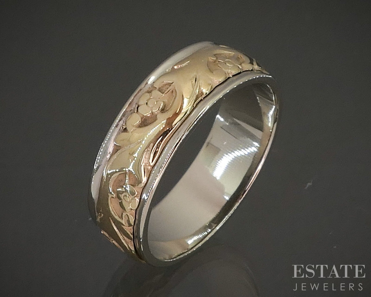Vintage 14k Two Tone Gold 7mm Scroll Floral Mens Wedding Band 9.4g p18237