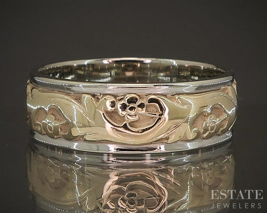 Vintage 14k Two Tone Gold 7mm Scroll Floral Mens Wedding Band 9.4g p18237