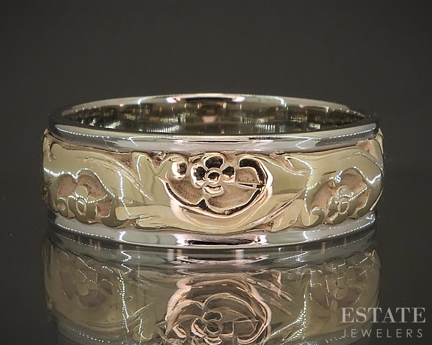 Vintage 14k Two Tone Gold 7mm Scroll Floral Mens Wedding Band 9.4g p18237