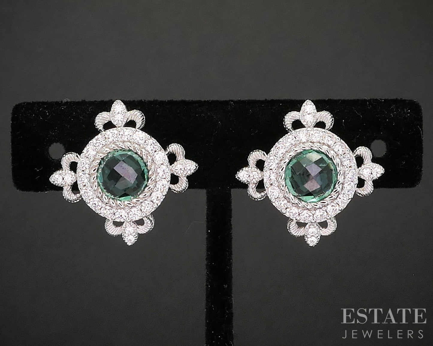 Sterling Silver Judith Ripka Green Quartz & CZ Clip On Earrings 12.7g p22700